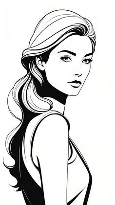 a black and white drawing of a woman with long hair