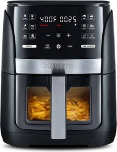 this is an image of a black and silver air fryer with french fries in it