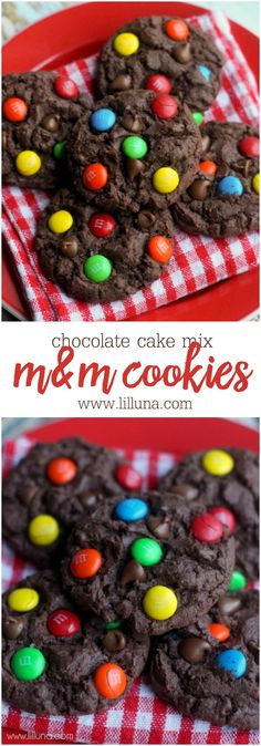 chocolate cake mix m & m cookies on a red plate