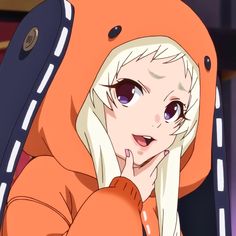 an anime character with white hair and blue eyes wearing orange hoodie looking at the camera