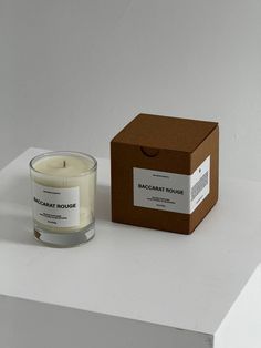 a candle sitting on top of a table next to a box