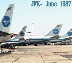 several jumbo jets lined up on the tarmac at an airport with words that read jfk - june 1897