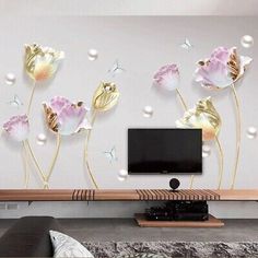 the wall is decorated with flowers and bubbles