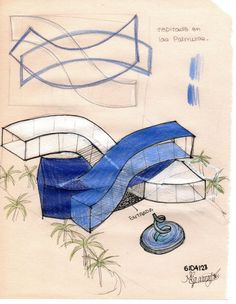 a drawing of a blue and white chair next to a potted plant