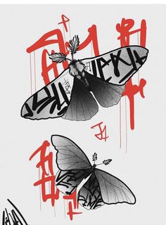 two butterflies with chinese writing on them, one is black and the other is white