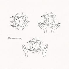 four drawings of hands holding the sun and moon in different positions, each with their own hand