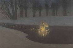 a painting of a woman sitting on a bench in the snow by a pond with lights