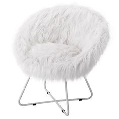 a white furry chair with metal legs