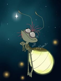 a cartoon character holding an object in his hand and looking up at the night sky