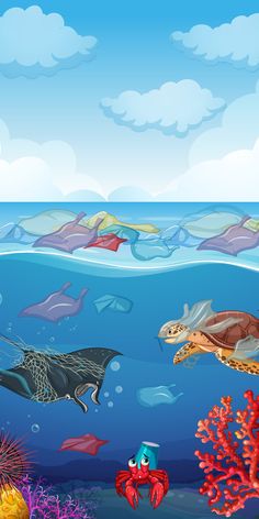 an underwater scene with sea animals and fish