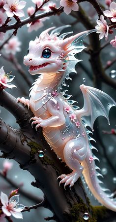 a white dragon sitting on top of a tree branch next to some pink blossom blossoms