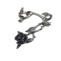 From its early bud to full blossom, the entangling wild rose of black romance has schemed to entrap its heart's desire and seduce them onto its thorns of passion. A polished pewter twine of wild roses wrapping around the ear, with black resin rose at the foot; surgical steel ear-post. For the left ear. Approximate Dimensions: Height 2.52" x Width 1.85 " x Depth 0.91" Full Ear Earrings, Ear Wrap Earrings, Resin Rose, Ear Accessories, Gothic Rose, Black Resin, Retro Jewelry, Skull Earrings, Flower Clip