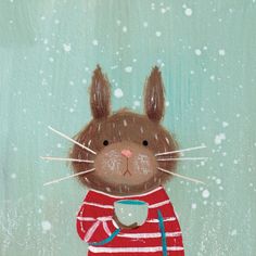 a painting of a brown bunny holding a coffee cup in front of snow flakes