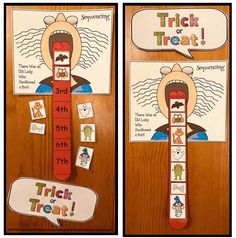 two posters with words and pictures on them that say trick or treat, one has an image of a man's face