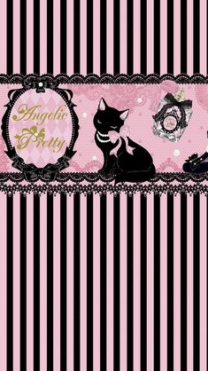 a pink and black striped background with cats