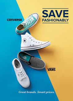 three pairs of white and green sneakers on top of a blue and yellow background with the words converse save fashionably