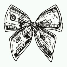 a bow made out of money sitting on top of a white surface with black ink