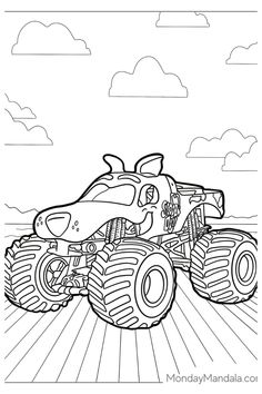 a cartoon monster truck driving through the sun with clouds in the background coloring pages for kids