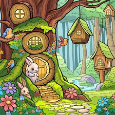 an image of a tree house with animals in it