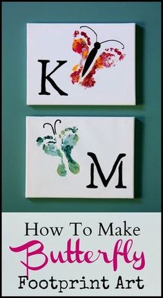 two pieces of paper with the letters k and m painted on them, one has a butterfly