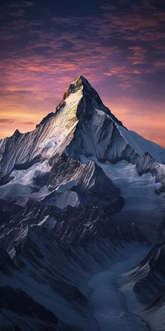 a very tall mountain covered in snow under a purple sky with clouds at the top