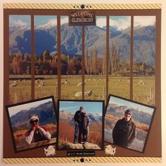 an image of three people standing in front of mountains and trees with pictures on them