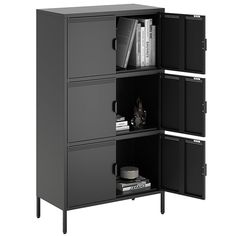 a black cabinet with three doors and shelves