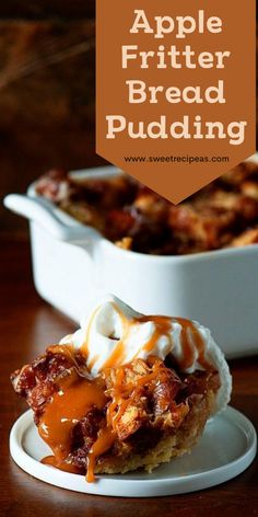 an apple fritter bread pudding on a plate with a serving dish in the background