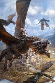 a man riding on the back of a giant dragon next to a castle with two wings