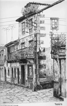 a drawing of an old building with balconies