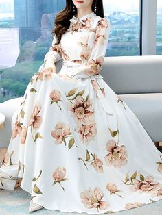 فستان سهرة, Women Long Sleeve Dress, Printed Dress, Slim Waist, Retro Dress, Elegant Fashion, Stylish Dresses, Swing Dress, Long Skirt