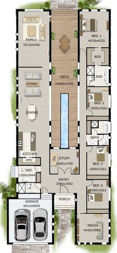 2D & 3D house plan for americans Container Home Designs, Narrow Lot House Plans, Narrow Lot House, Courtyard House Plans, 4 Bedroom House Plans, Home Design Floor Plans, House Layout Plans, Container House Plans, Container House Design