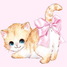 a drawing of a little kitten wearing a pink bow