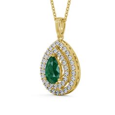 Aviemore halo emerald and diamond 1.24ct pendant in a 18K Yellow Gold setting. Stunning and regal pendant with a single 0.80 Carat pear shaped gemstone, surrounded by a double row of round shaped diamonds with a 0.44 Carat total weight. The pendant is available in a selection of different metal types and with a choice of chain options. We also offer a free design service for any customised changes that you may require. All gemstones are AAA grade. Pink Sapphire Pendant, Pink Sapphire Earrings, Pink Sapphire Ring, Halo Earrings, Full Eternity Ring, Emerald Pendant, Rose Gold Pendant, Ladies Diamond Rings