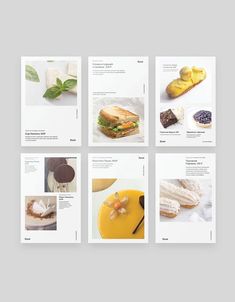 four pages with images of sandwiches and desserts on them, all in white paper