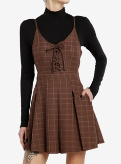 Brown Plaid Dress, Social Collision, Academia Look, Dark Academia Look, Cutesy Outfit, Twofer Dress, Luanna Perez, Dark Academia Outfit, Academia Outfits