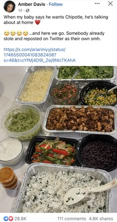 a table topped with lots of food on top of plastic trays filled with rice