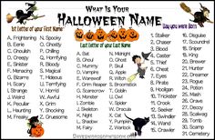 a halloween name list with pumpkins, witches and cats on it's side