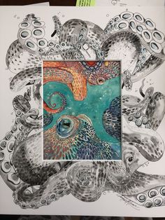 an art work with octopus artwork and watercolors on paper, in the shape of a square