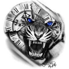 a drawing of a tiger with blue eyes and a clock face on it's head