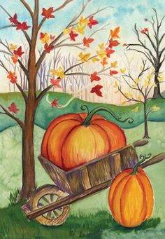 a painting of pumpkins in a wagon next to a tree with leaves on it