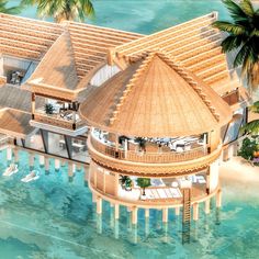 an artist's rendering of a tropical house on the water