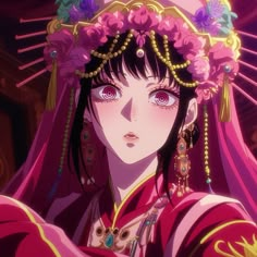 an anime character with pink hair wearing a headdress