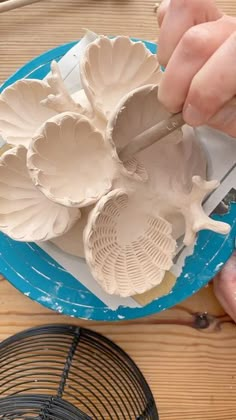 a person is cutting paper with scissors on a blue and white plate next to a bird cage