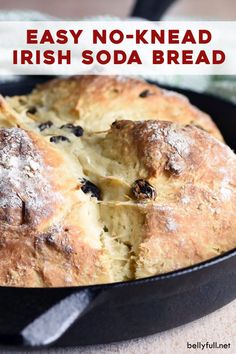 an easy no knead irish soda bread in a cast iron skillet