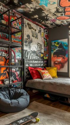 a bedroom with graffiti on the walls and a skateboard in the bedding area