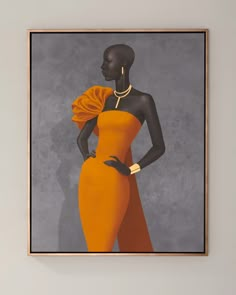 a woman in an orange dress is hanging on the wall