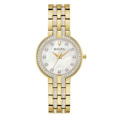 Contemporary design meets upscale refinement with this Bulova ladies’ box set from the crystal collection. 30mm gold-tone stainless steel case set with 68 crystals White mother-of-pearl dial with gold-tone accents and 11 sparkling crystal hour markers Mineral crystal Watch bracelet embellished with crystals; secures with push-button fold-over safety clasp Accompanying the impressive timepiece is a gold-tone necklace with alternating heart pendants in mother-of-pearl with 86 crystals A perfect pa Crystal Watch, Crystals White, Jared The Galleria Of Jewelry, Heart Pendants, Crystal Watches, Watch Bracelet, Gold Tone Necklace, Crystal Collection, Sparkling Crystal