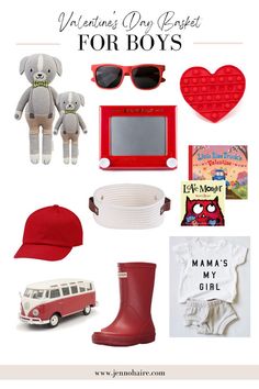 valentine's day gift guide for boys with red and white items, including a teddy bear