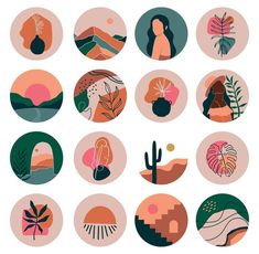 an illustration of different types of plants and flowers in circles with the sun setting behind them